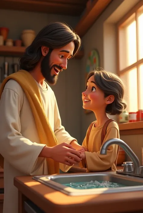 A Pixar-style 3D animation of Jesus and a girl smiling and talking, the girl is washing dishes in the sink of a simple and humble kitchen, both happy.