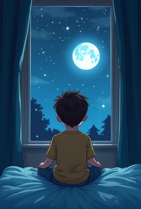 illustration of a rear view of a young boy with dark brown hair sitting on a bed with a light blue blanket and looking out an open window at a moonlit night sky with stars