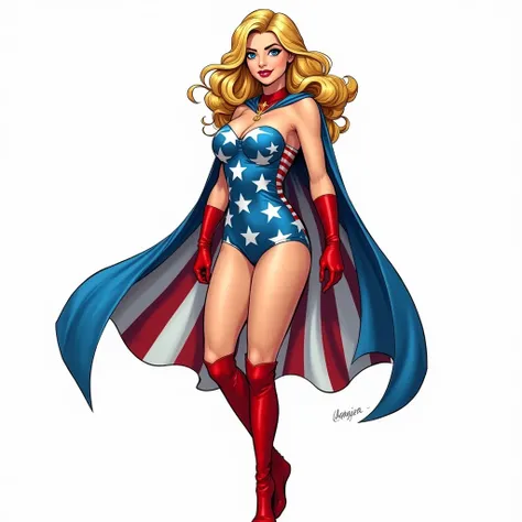 A female superhero in a classic comic book style, wearing a one-piece swimsuit inspired by the American flag. She has long, wavy blonde hair and a confident smile. The swimsuit is blue with white stars on the top and red-and-white stripes on the lower half...