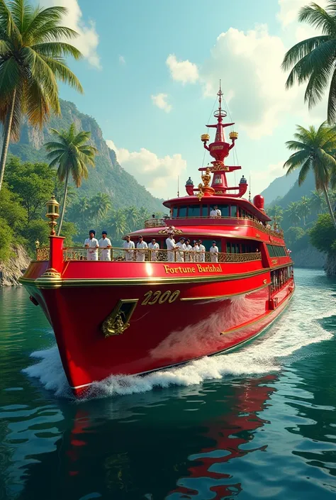 A red ship named ' Fortune Barishal ' with a trophy and cricket players in the river
