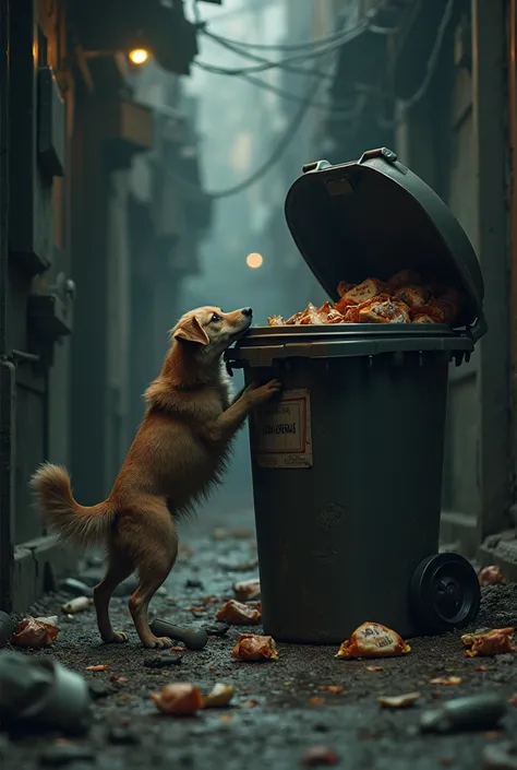 A hungry dog searching food in dustbin 