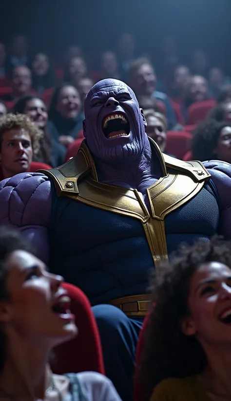 "Thanos laughing loudly in the theater, his booming laughter shaking the seats. Other audience members looking surprised and shocked as if an earthquake just hit."