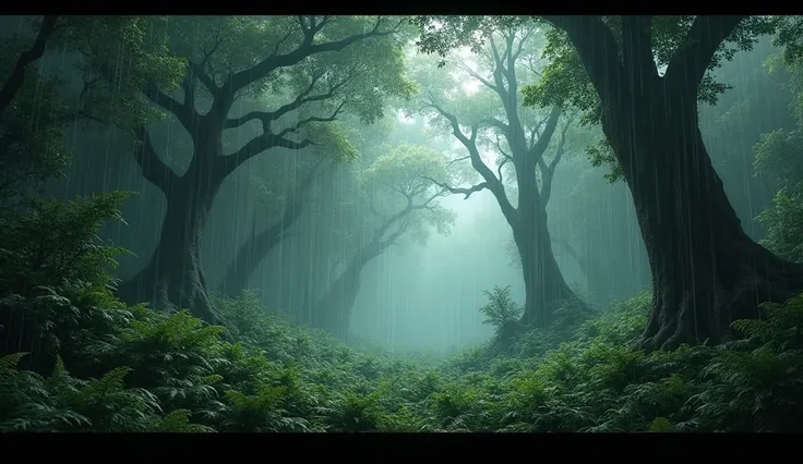 Heavy rain in forest