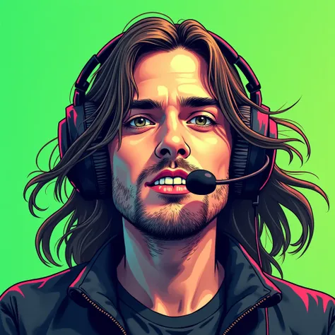 a gamer profile pic for streaming man with long hair and headset facing front comic style with green background