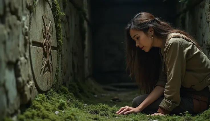 A close-up of a wall inside the ruins with an engraved symbol.
Pose/Action: Emma kneels down to examine the symbol, brushing away the moss.
Expression: Focused, with a look of realization on her face as she uncovers something important.