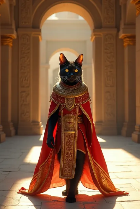 Un chat arrafe , marche sur une piste en pierre lisse dans un temple de l'Égypte ancienne.  porte une robe rouge richement ornée de motifs d'or et de bijoux précieux. La conception de son costume est complexe et inspirée des vêtements cérémoniels de la nob...