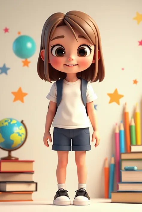 A cute-style 3D illustration of a girl with big, expressive eyes, similar to a ren's school supply character. She must have straight, shoulder-length light brown hair without bangs, expressive eyes and a friendly smile. s. Wear a white t-shirt, dark blue s...