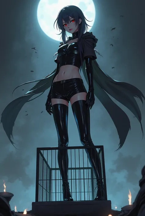 Camera on looking up at anime girl standing up on         small  human sized cage in thigh high latex boots and   gloves