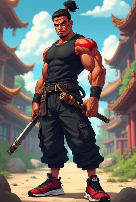 Animated, Mixed male, 6’2, red war paint on face, curly hair in a man bun, basketball shoes, nunchucks on left waist, short sword on back, cut off black t shirt, black cargo pants