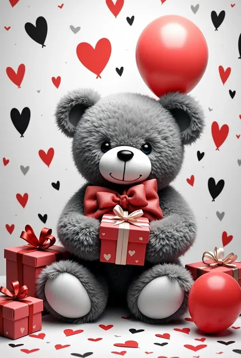 A gray Teddy bear in close-up on half a sheet holds gifts and balloons on the floor, the whole background in hearts smiles, graphic black and white red drawing 