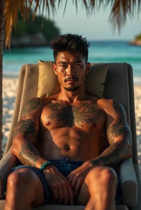 Full body view from 3/4 angle perspective of a macho shirtless 40-year-old filipino man lounging in luxurious beach chaise on sandy beach, rounded firm body, round muscles, tattooed body, olive skin, inviting gaze, seductive pose, homoerotic atmosphere, dr...