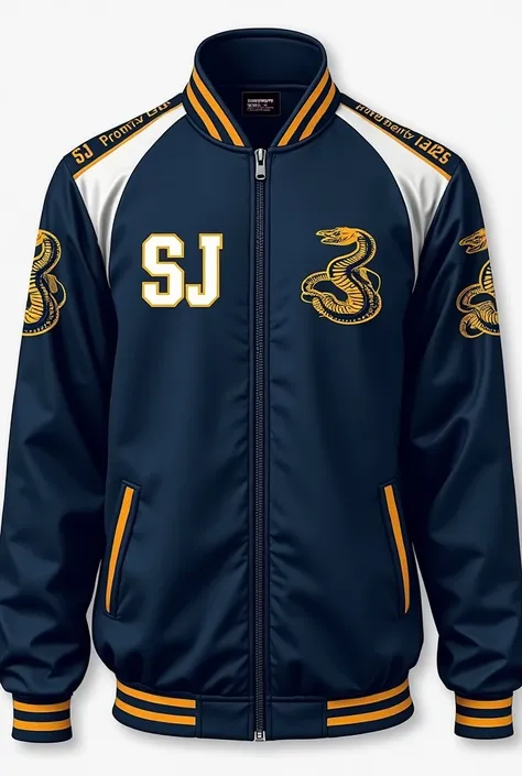 Create a university sports jacket for a school promotion with the logo "SJ" and "promo "2025" with navy blue colors, white, negro and amarillo tambien agregar un logo rectangular de color celeste and otra de colores "red, amarillo and verde" It also adds a...