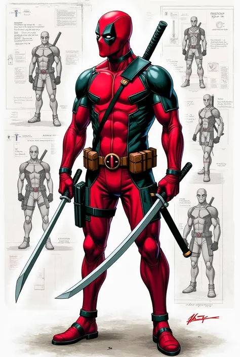 Create an image of the Marvel superhero Deadpool. He should be standing upright in his iconic red and black suit, complete with the mask that covers his entire face. He should be holding two katanas, one in each hand, with the blades pointing downwards. Th...