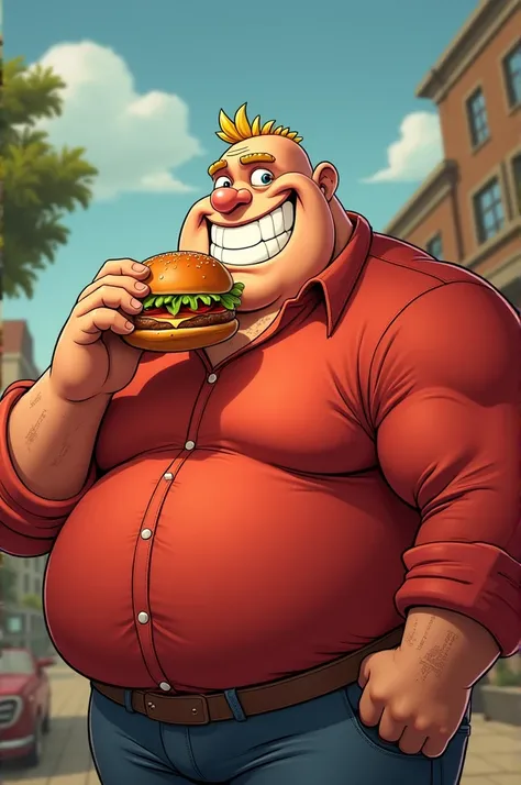 strong fat hero with red red long sleeve blouse clothes calluses shaved blond very short eating a hamburguer snack in cartoon art style with a huge captivating smile