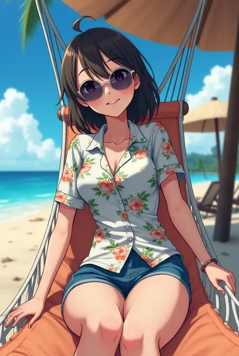 A tall anime-style girl wearing stylish sunglasses, tanning ,  lying on a hammock in front of the beach in the shade of a beach umbrella and winking sweetly at the camera,  dressed in a Hawaiian shirt and short blue jeans 