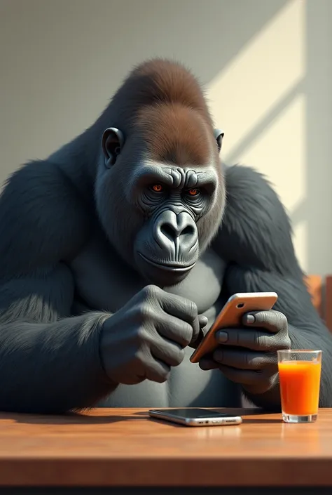 Create a 3d unique painting, a gorilla drinking juice in one hand and watching Phone, setting on the table, realistic and hD