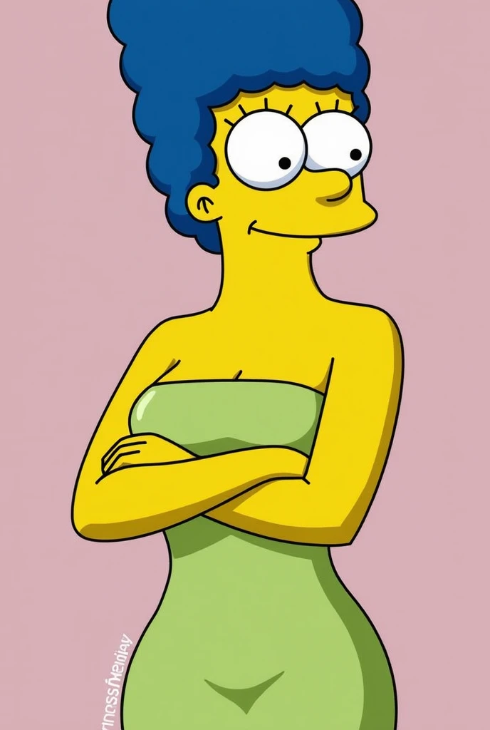 Marge_Simpson, _simpsons, 1 girl, blue_hair,  tight green dress,   sleeveless , strapless, Straight neckline, breasts squeezed toger,  areola slip ,  undress,  Big Breasts,  transparent dress  