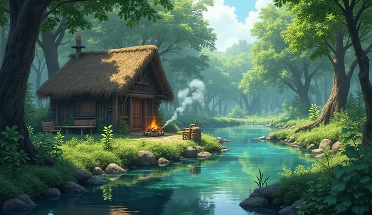 pond surrounded by nature and a hut with a fire pit