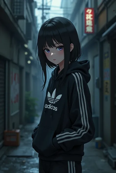 A cheeky, slightly gloomy, beautiful anime girl in dark Adidas clothes somewhere in an alley