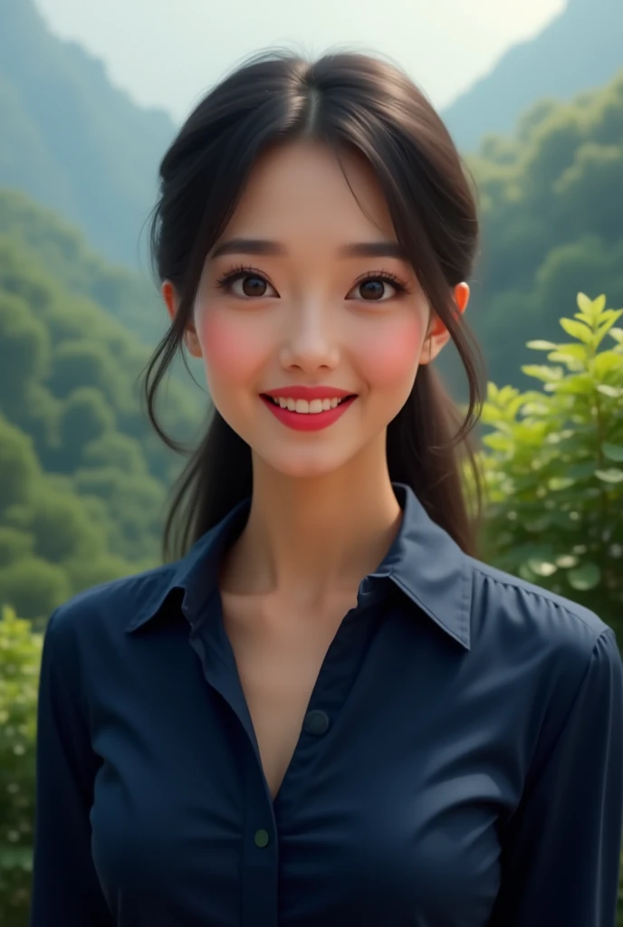  30-year-old realistic woman with long, tied hair,  dark blue formal blouse smiling , red lipstick and landscape behind 