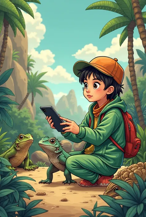 a close up of a person holding a cell phone near several animals, reptiles,  full of wildlife ,  Illustration!, illustrated in a whimsical style, lizard person,  Illustrations of animals,  Illustration style, beautifully illustrated, colored  Illustration,...