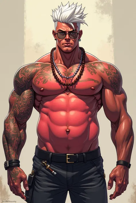 Muscular male character with huge, round breasts character with thin waist and muscular legs white hair with the sides cut off some beads in his hair glasses with round frames and body tattoos red skin color and body tattoos red skin color skinny and muscu...