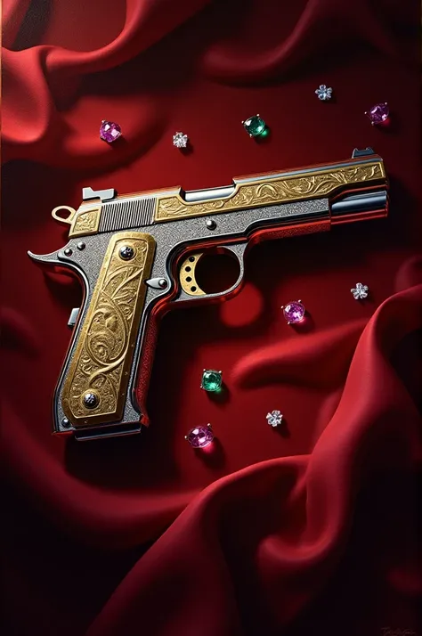  Of course ! Here's a description of the art painting you ordered :

**Artwork : Artistic pistol with luxurious details **

- **Main Theme :** Elegant pistol combining silver and gold .
- ** The design :**  The gun is designed with fine details, with its u...