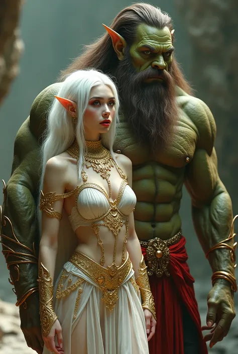 Elf woman with white hair and white skin,has gold ornaments from head to toe,She wears white lingerie showing her head to toe slim body with red makeup on her eyelids. She has a husband who is a big, muscular green ogre with brown hair and a brown beard wi...