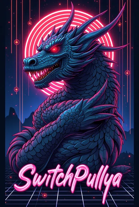 Creat a poster titled: SwitchPullYa On Twitch Follow the entertainment

Neon lights and tron 80s dragon style

