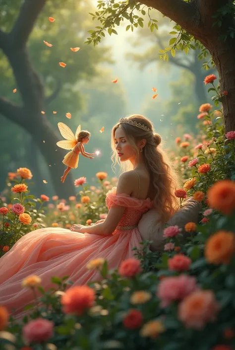 Create a video of a princess sitting in the flower garden with a fairy behind her holding a magic wand 