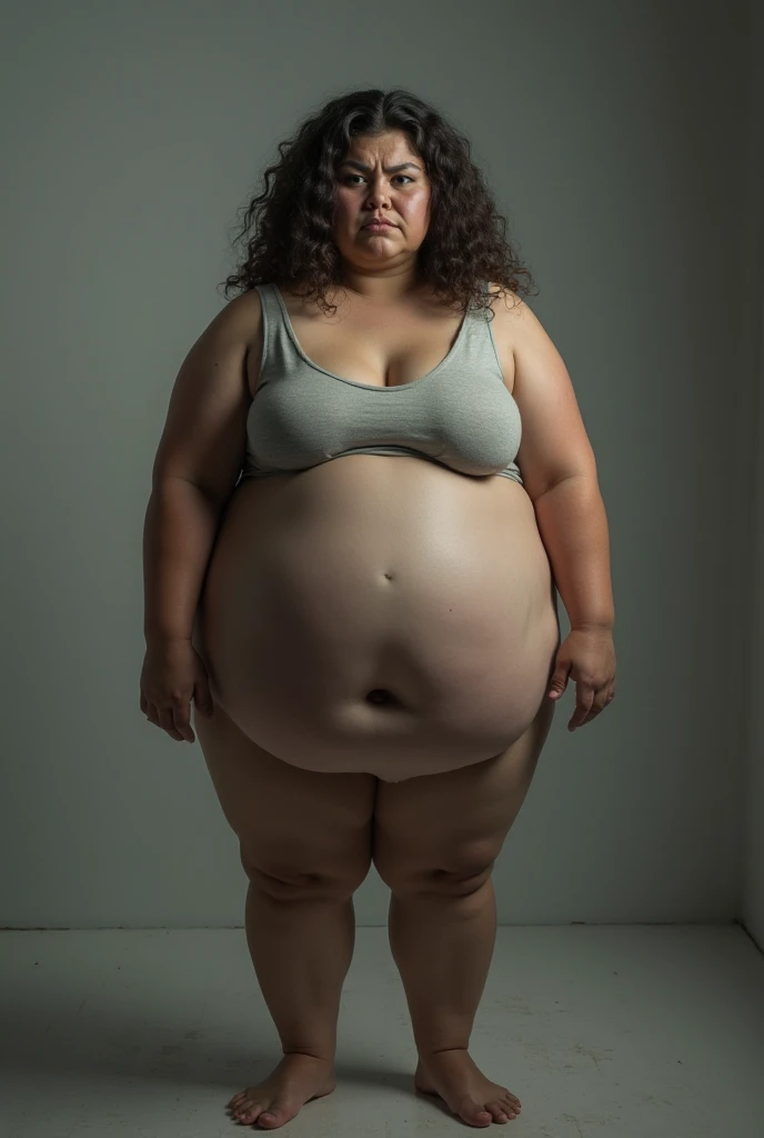 Generate an ultra realistic image of a woman weighing more or less 85 kg sad and insecure because she is overweight, I want you to generate a full body image of her