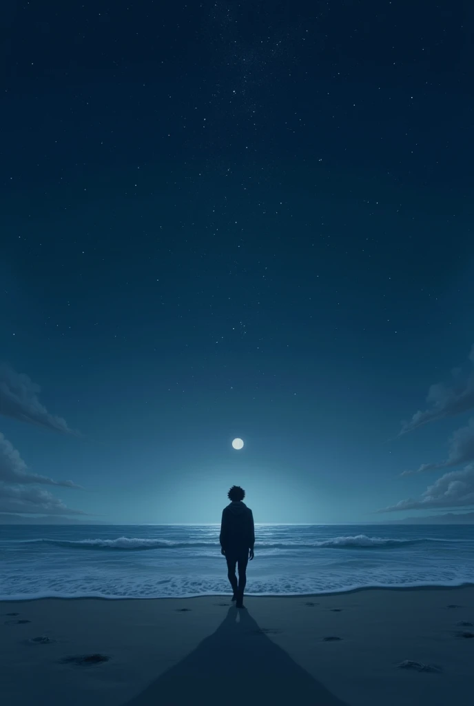  Figure of an 18-year-old boy with no specific appearance in black walking on sand in a sea landscape, Night with starry sky  