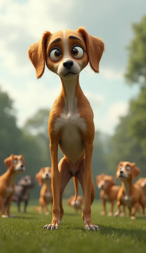 A very thin and very tall caramel dog, with visible bones and a skeletal appearance, standing in the middle of a park. Several dogs around are laughing at him, pointing with mocking expressions. The caramel dog looks down, sad, with tears in his eyes. The ...