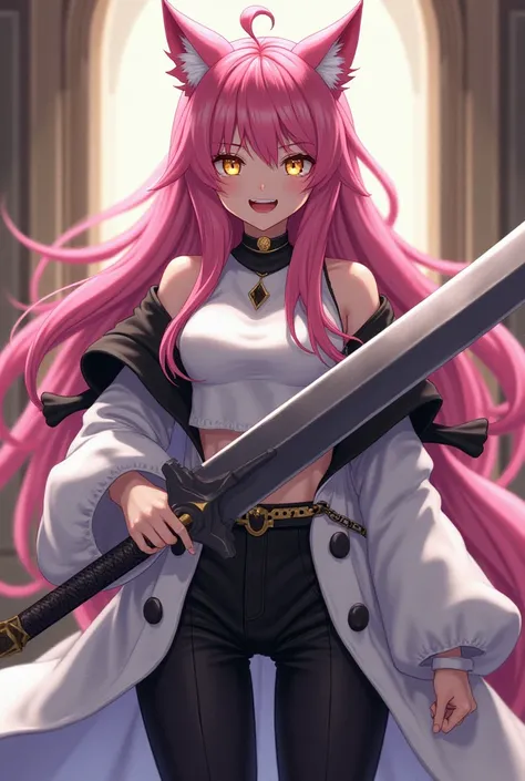 ( top quality,  borrowed letter ,  official art , beautiful and aesthetic :1.2) female anime, wolf girl, rebellious girl,  long pink hair with bangs covering the right side of her face,  golden eyes, pink wolf ears, pink voluminous tail,  voluminous white ...