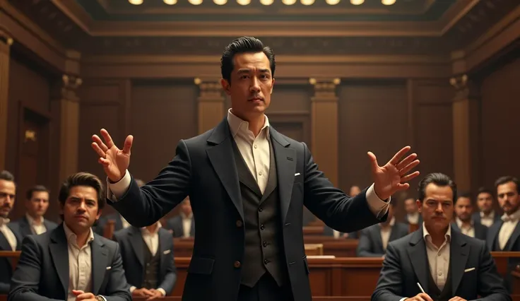 Generate image of a middle aged male lawyer with black short hair presenting his case in a courtroom in the 19th century 