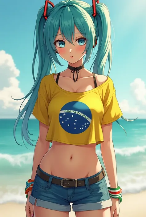 a potrait picturing hatsune miku as a real human. she has a sligthly dark palette, she wears a yellow short top with the brazil flag drawn on, she wears short jeans and through the clothes a black bikini can be seen. She has an athletic body, a cute face a...