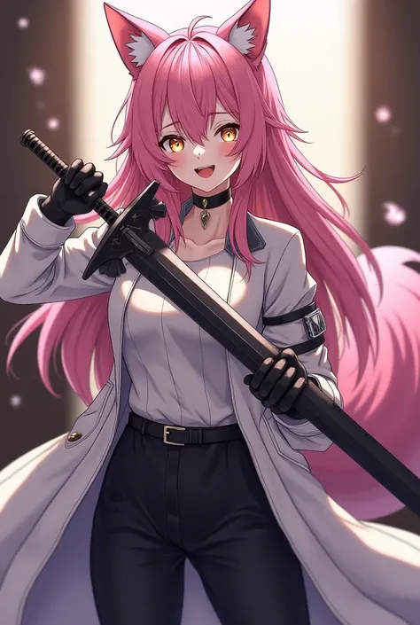 ( top quality,  borrowed letter ,  official art , beautiful and aesthetic :1.2) female anime, wolf girl, rebellious girl,  long pink hair with bangs covering the right side of her face,  golden eyes, pink wolf ears, pink voluminous tail,  voluminous white ...