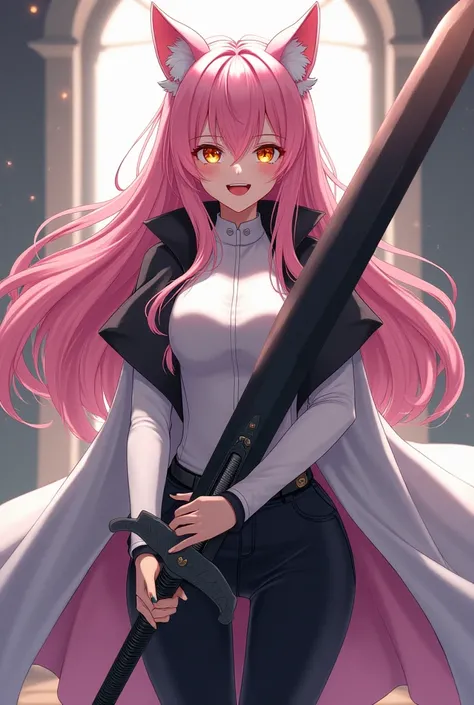 ( top quality,  borrowed letter ,  official art , beautiful and aesthetic :1.2) female anime, wolf girl, rebellious girl,  long pink hair with bangs covering the right side of her face,  golden eyes, pink wolf ears, pink voluminous tail,  voluminous white ...