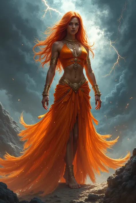 illustration of a ThunderBird drawn as a Beautiful Magic Warrior wearing predominantly orange clothes, red hair and brown skin 