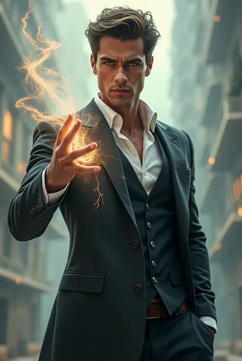 Handsome man dressed in a suit using wind magic