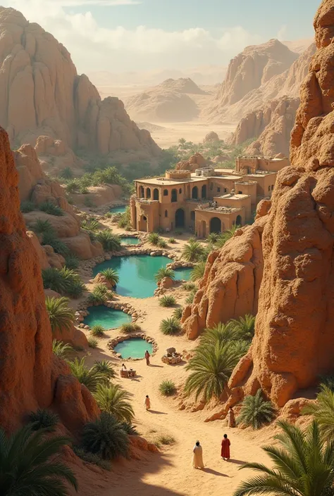 Ancient village in arabia with people relying on nature, UHD, realistic, cinematic, natural atmosphere."