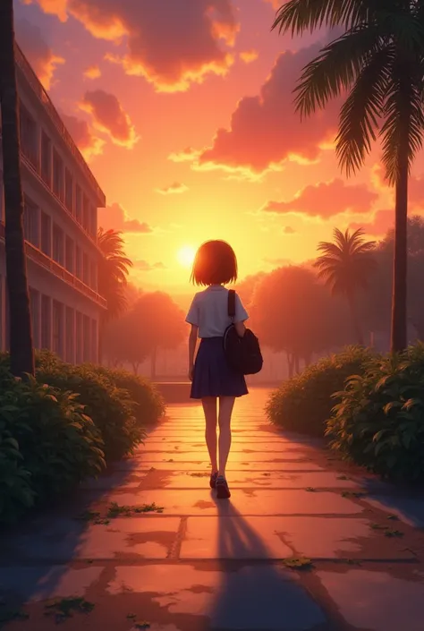 Leaving school at sunset