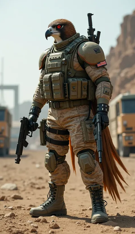 Humanoid falcon in military clothing
Military base in the background 
Attack position
boots
Aura around the body
Pistols 
M4a1 


