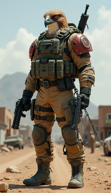 Humanoid falcon in military clothing
Military base in the background 
Attack position
boots
Aura around the body
Pistols 
M4a1 


