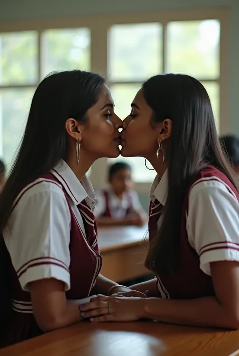 Four pairs of School girls from Srilanka are kissing passionately in a classroom. Make it realistic 