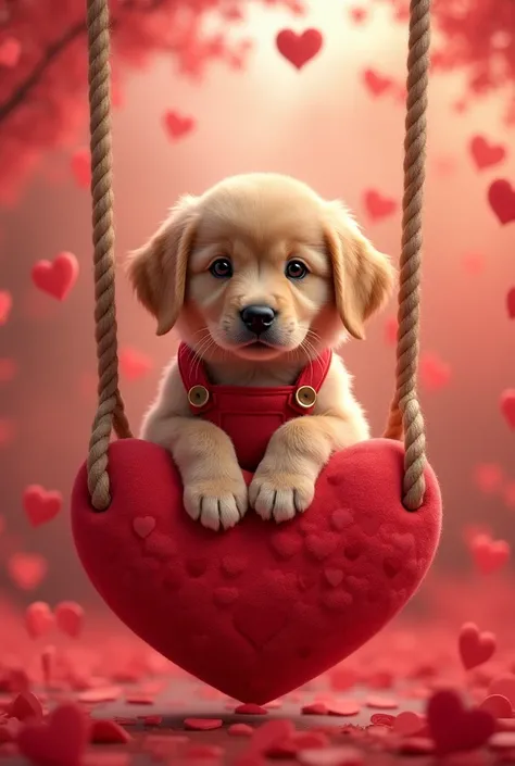 fluffy brown Labrador puppy is sitting on a swing red which is heart-shaped, he is wearing overalls with red hearts, background many many hearts 