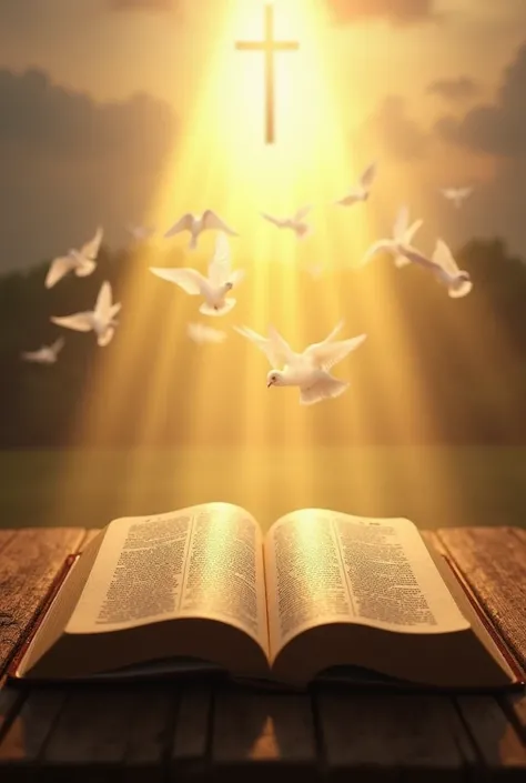 " An open Bible on a rustic wooden table ,  with rays of golden light descending from the sky , illuminating your pages .  The environment has a heavenly tone ,  with a light soft haze surrounding ,  conveying a feeling of peace and spirituality . In the b...