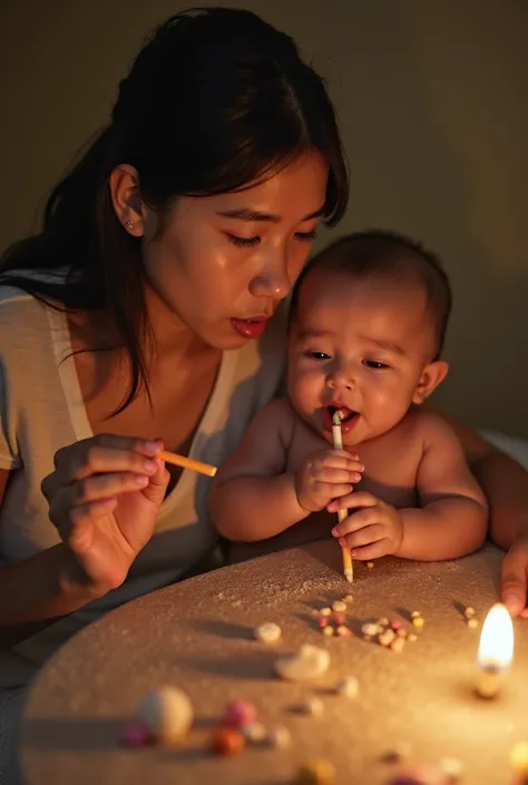 Photo of 23-year-old daughter taking multiple drugs while 8-month-old baby is lying on the side of a straw laughing