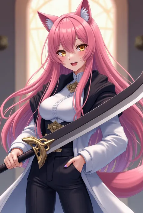 ( top quality,  borrowed letter ,  official art , beautiful and aesthetic :1.2) female anime, wolf girl, rebellious girl,  long pink hair with bangs covering the right side of her face,  golden eyes, pink wolf ears, pink voluminous tail,  voluminous white ...