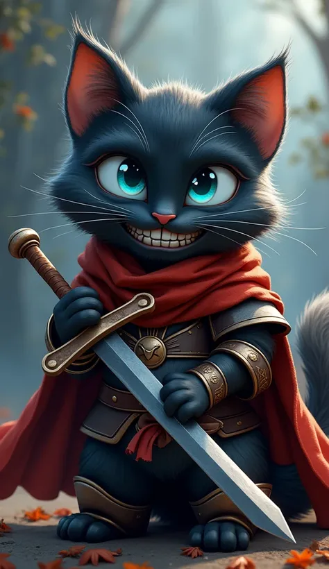 cartoon cat. black cat. With an angry smile and dark teeth like a Cheshire cat. tomato on the best quality white . Cartoon-like. In armor and with a sword in his hands. The cat has blue or blue eyes. Задний фон просто белый. Улыбка прямо как у чеширского к...